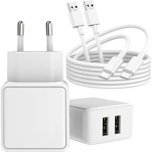 Phreeze USB Stekker met 2 Poorten + 2x USB naar USB-C Kabel - 2 Meter - Samsung Oplader - Adapter voor Samsung, HTC, Nokia, Sony, Android - PHR-AC54 Snellader